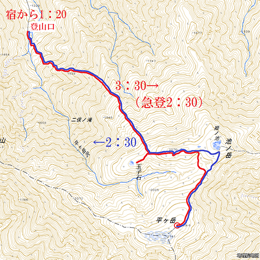 平ヶ岳　最短ルート：地図